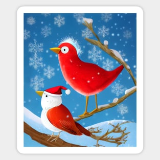 Christmas Funny Red Birds Closeup on a Snowy Branch Sticker